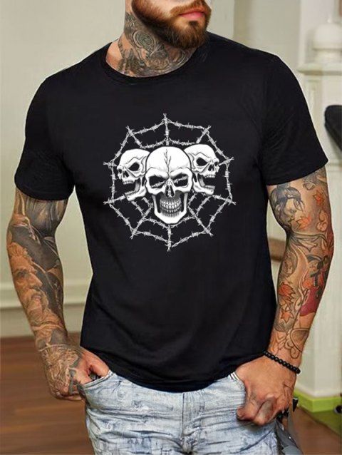 T-shirt Décontracté à Imprimé Toile D'Araignée Crâne à Manches Courtes à Col Rond