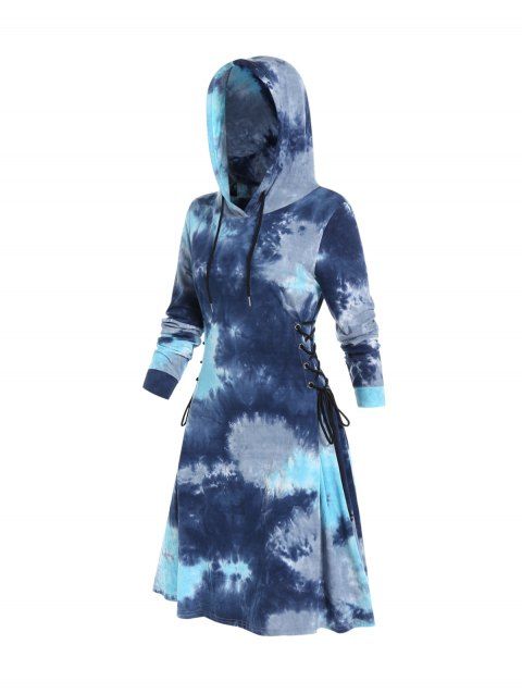 Tie Dye Print Hooded Dress Lace Up Mini Dress Long Sleeve Casual A Line Dress