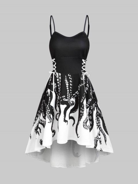 Robe d'Eté Haute Basse Mignonne à Bretelle à Imprimé Pieuvre à Lacets