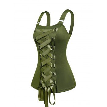 

Ribbon Lace Up Tank Top Metal Buckle Casual Tank Top, Green