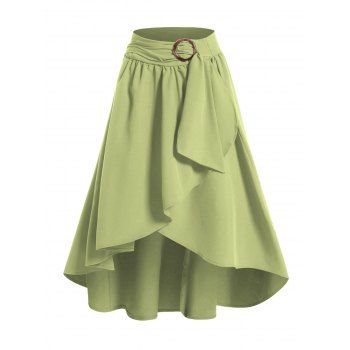 

Overlay Skirt Solid Color Self Belted Ruffle Asymmetrical Hem Zip Up Midi Skirt, Light green