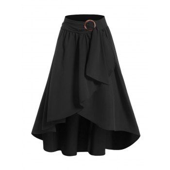 

Overlay Skirt Solid Color Self Belted Ruffle Asymmetrical Hem Zip Up Midi Skirt, Black