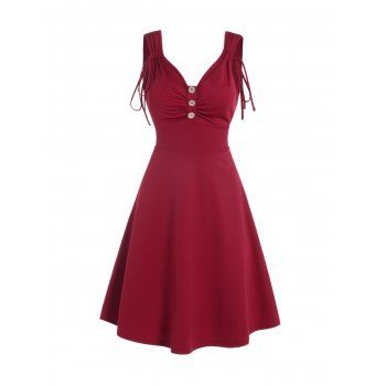 

Plain Color Dress Cinched Ruched Mock Button High Waisted Sleeveless A Line Mini Dress, Deep red