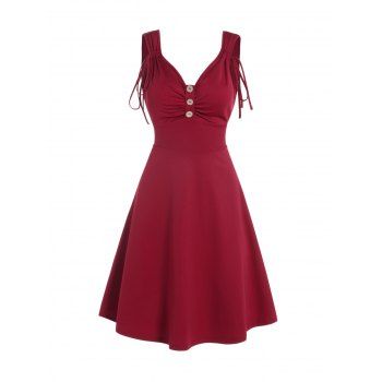 

Plain Color Dress Cinched Ruched Mock Button High Waisted Sleeveless A Line Mini Dress, Deep red