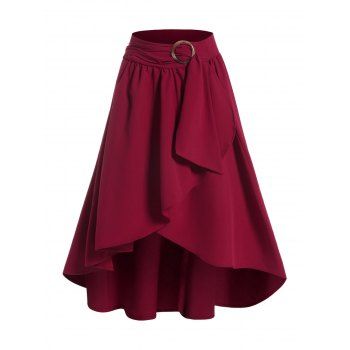 

Overlay Skirt Solid Color Self Belted Ruffle Asymmetrical Hem Zip Up Midi Skirt, Deep red