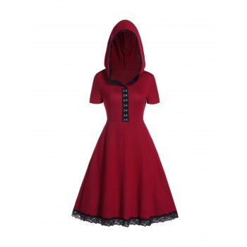 

Lace Insert Hooded Dress Hasp Button Short Sleeve High Waisted A Line Mini Dress, Deep red