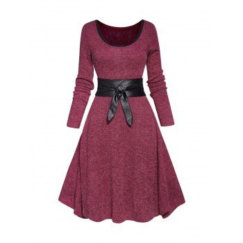 

Long Sleeve Contrasting Belted Knit Dress Scoop Neck High Waist A Line Dress, Deep red