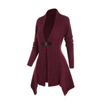 

Cable Knit Open Front Buckle Asymmetric Cardigan, Deep red