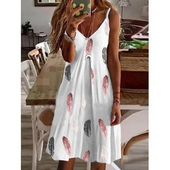 

Feather Print Mini Dress V Neck Spaghetti Strap Dress Sleeveless Casual Cami Dress, White