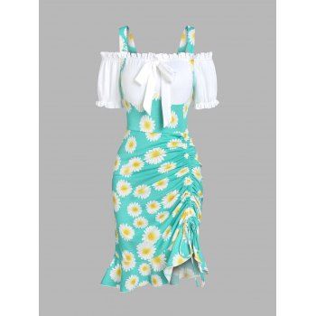 

Daisy Print Cinched Cold Shoulder Dress, Green