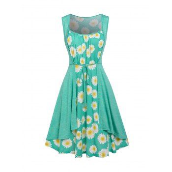 

Summer Vacation Front Tie Daisy Print 2 in 1 A Line Mini Dress, Green