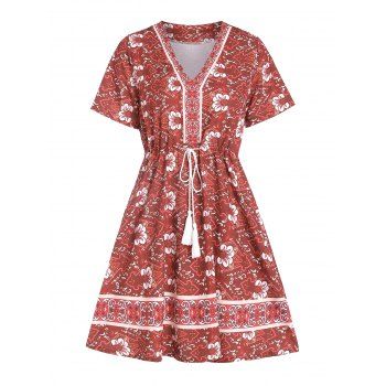 

Drawstring Flower Print Tassel A Line Dress, Red