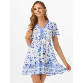 

Drawstring Flower Print Tassel A Line Dress, Blue