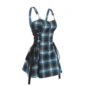 

Vintage Plaid Print Mini Dress Lace Up Dress O Ring Half Zipper Strap Sleeveless Dress, Blue