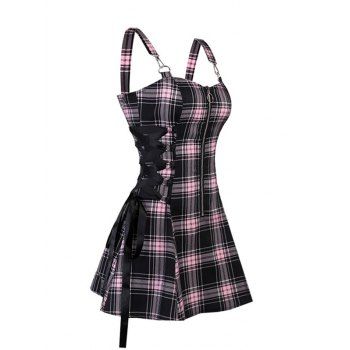 

Vintage Plaid Print Mini Dress Lace Up Gothic Dress O Ring Half Zipper Strap Sleeveless Dress, Light pink