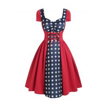 

Star Gingham Lace Up Ruched Vintage Dress, Red