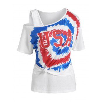 

Tie Dye USA Graphic Skew Neck T Shirt with Tank Top, Multicolor