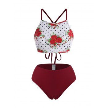 

Criss Cross Flower Mix and Match Tankini Swimwear, Deep red