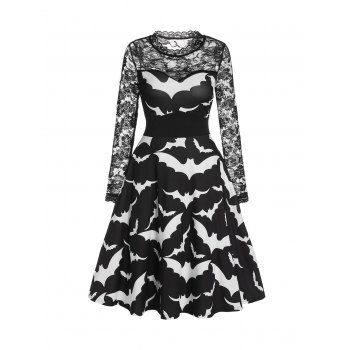 

Halloween Bat Print Sheer Lace Panel High Waist Dress, Black