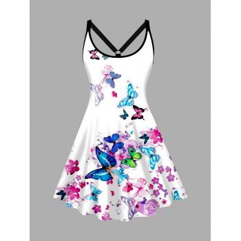 

Plus Size Butterfly Print Tank Dress A Line Casual Mini Dress, White