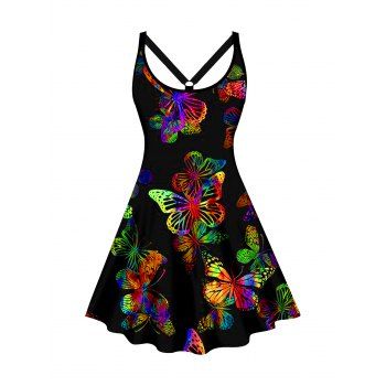 

Plus Size Colorful Butterfly Print Tank Dress A Line Casual Mini Dress, Black