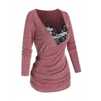 

2 in 1 Rose Lace Panel Mock Button Surplice Gathered Heathered T Shirt, Valentine red