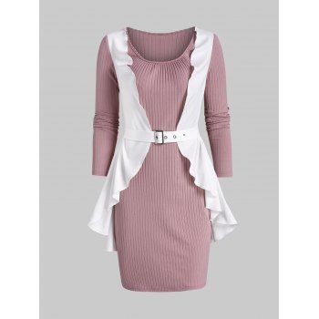 

Ruffle Detail Ribbed Twofer Bodycon Dress, Pink