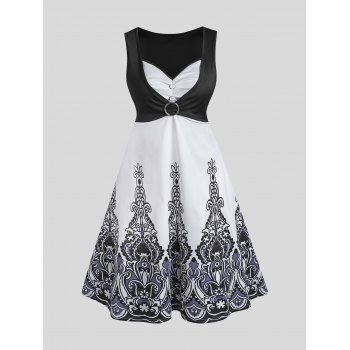 

O Ring Ruched Printed Sleeveless Dress, Black
