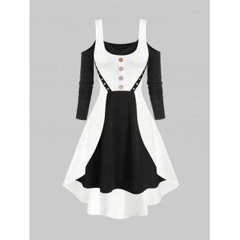 

Cold Shoulder Mock Button High Low Two Piece Dress, Black