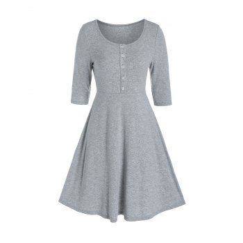 

Half Button High Waist Knitted A Line Dress, Light gray