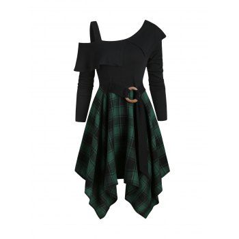 

Gothic Plaid Asymmetrical Handkerchief Cold Shoulder Dress, Black
