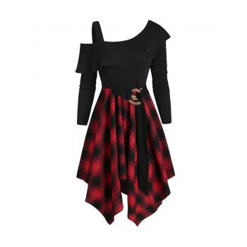 

Gothic Plaid Asymmetrical Handkerchief Cold Shoulder Dress, Red wine