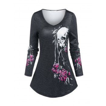 

Skull Flowers Print V Neck T-shirt, Dark gray