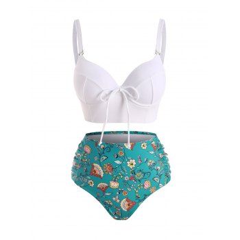 

Bohemian Flower Ruched Moulded Bowknot Tankini Swimwear, White