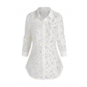 

Long Sleeve Flower Print See Through Shirt, White