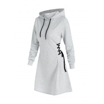 

Plain Lace Up Drawstring Hooded Dress, Light gray