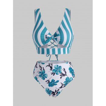 

Vacation Tankini Swimwear Striped Floral Print Swimsuit Bowknot Lace-up Crisscross Cut Out Beach Bathing Suit, Blue