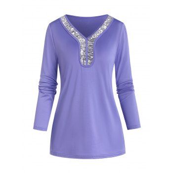 

V Neck Sequins Panel Tee, Light purple