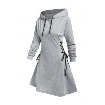 

Plain Lace Up Drawstring Hooded Dress, Gray