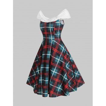 

Plaid Off Shoulder Knotted Knee Length Dress, Multicolor