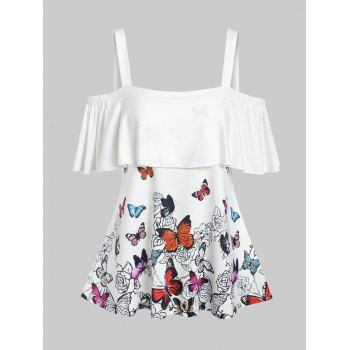 

Ruffled Cold Shoulder Butterfly Print Tee, White