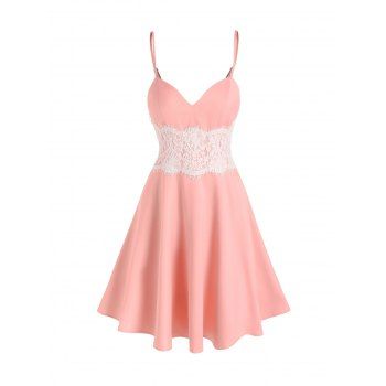 

Flower Lace Panel A Line Mini Dress Party Sleeveless V Neck Strappy Cami Dress, Light pink