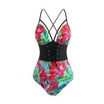 

Floral Leaf Lace-up Moulded Corset Style One-piece Swimsuit, Black
