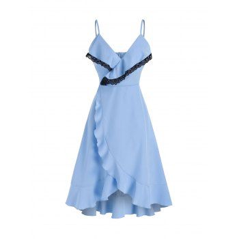 

High Low A Line Dress Ruffle Low Cut Surplice Lace Insert Overlap Strappy Dress, Light blue