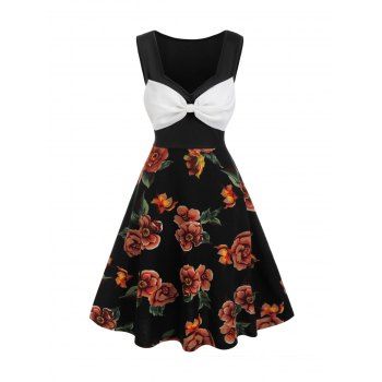 

Bowknot Floral Pattern A Line Dress, Black