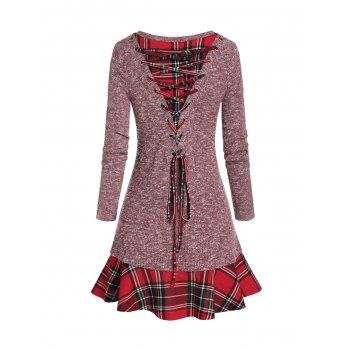 

Plaid Insert Back Lace Up Heathered Knitwear, Lipstick pink