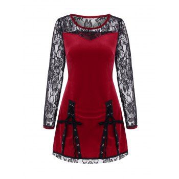 

Lace Up Velvet Lace Panel Tunic Top, Red