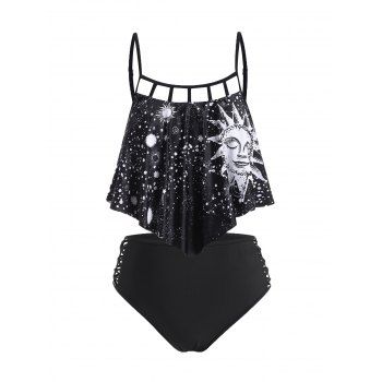 

Gothic Tankini Swimwear Astrology Sun Star Moon Print Swimsuit Flounce Lattice Beach Bathing Suit, Black