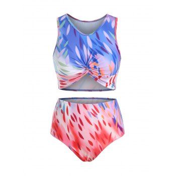 

Ombre Leaves Print Vacation Swimwear Twisted High Rise Tankini Swimsuit, Multicolor