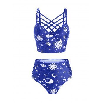 

Vintage Tankini Swimsuit Corset Moon Sun Bathing Suit Star Print Lattice Summer Beach Swimwear, Denim dark blue